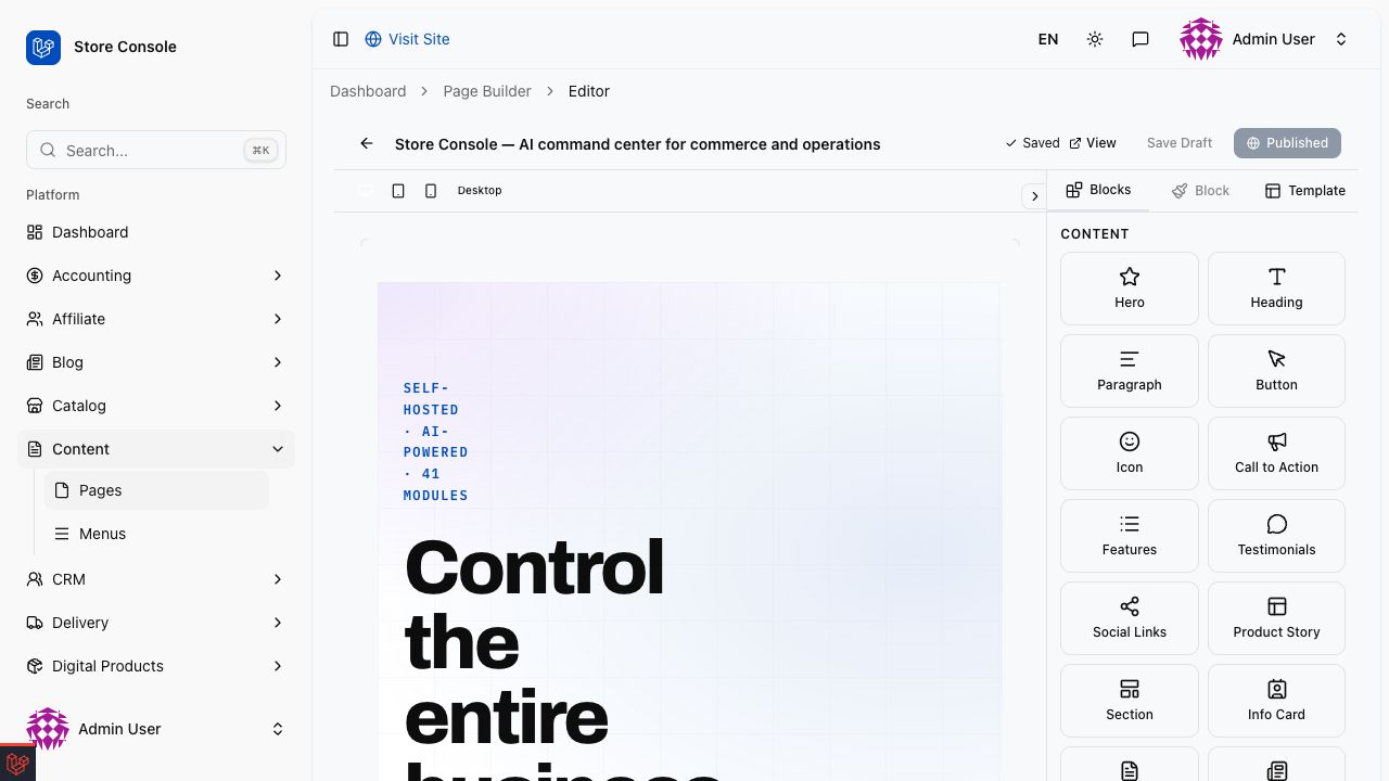 The real Store Console PageBuilder editor with responsive preview and typed blocks